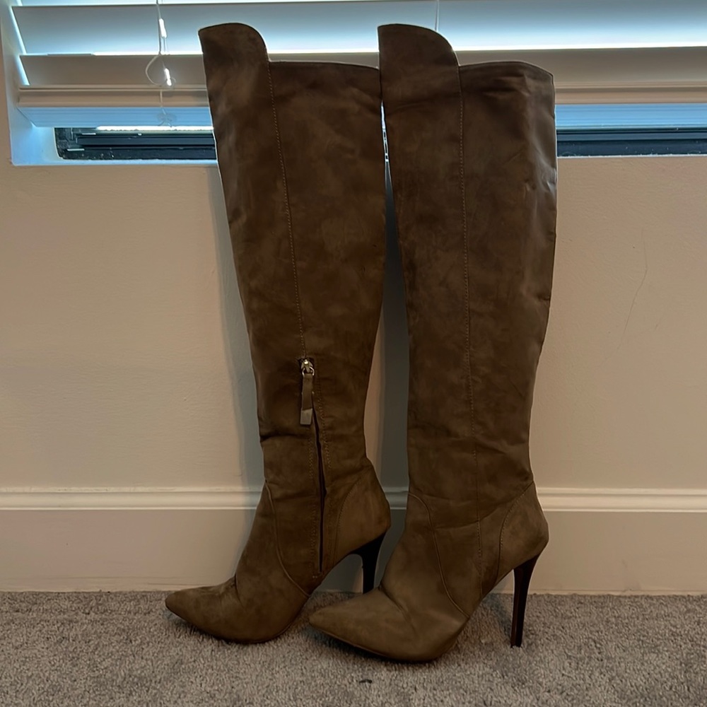 Forever 21 Suede like over the knee tan heel boots